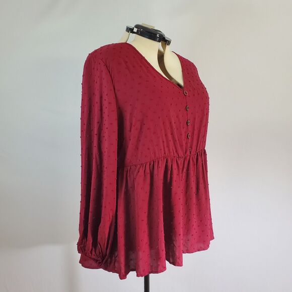 Bloomchic Blouse Women's 3X Burgundy Long Sleeve Button Detail Fabric Dots NWT - Picture 2 of 8